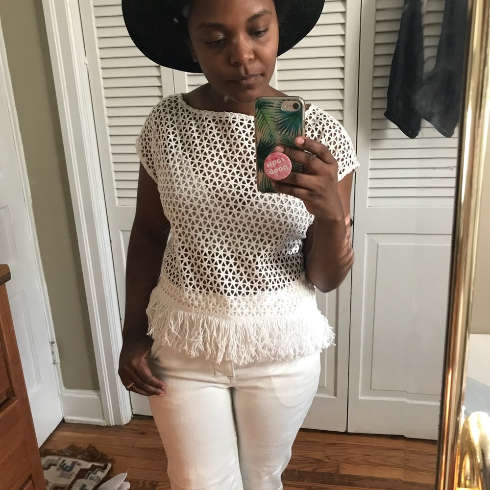 White Knit Fringe Top